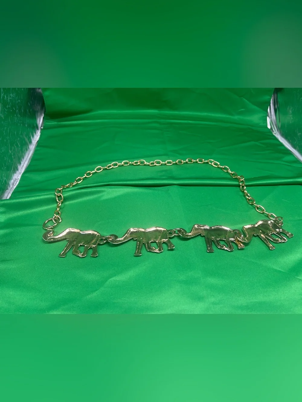 Vntg Elephant Belt Small 38.5” Long Gold Tone 4 Animals Trunk Chunky Safari